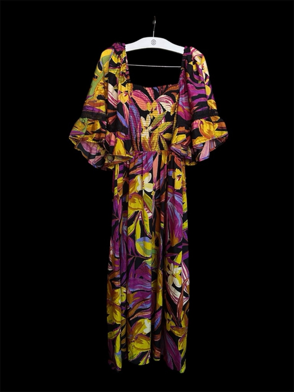 Bold Tropical Print Maxi Dress in Purple & Yellow